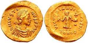 A Tremissis (1\3 of a Solidus) with the likeness of the Emperor Justin (from Wikipedia)