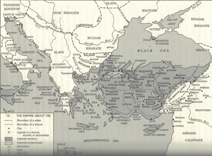The Byzantine Empire in 780 from A History of the Byzantine State and Society by Warren Treadgold