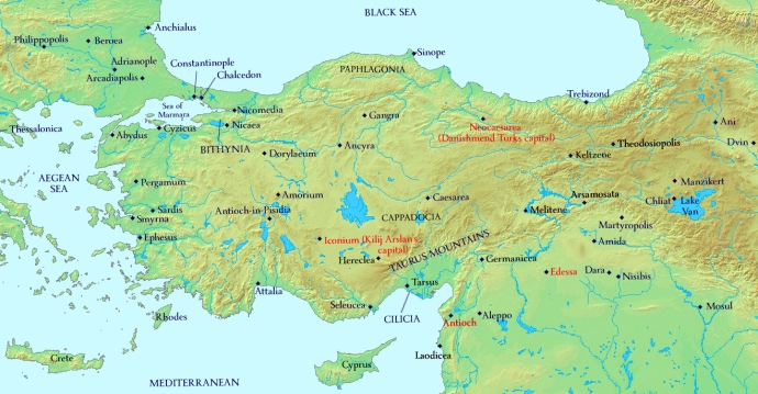 Anatolia and Armenia 1100 AD. Turkic and Latin capitals in red.
